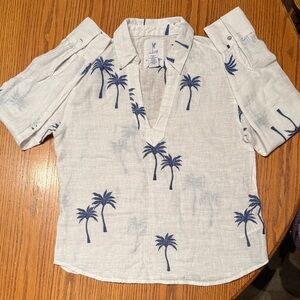 Calypso St. Barth Linen Shirt with embroidered Blue Palm Print